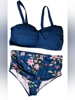 Younique Navy and Pink Floral Two-Piece Bikini Set